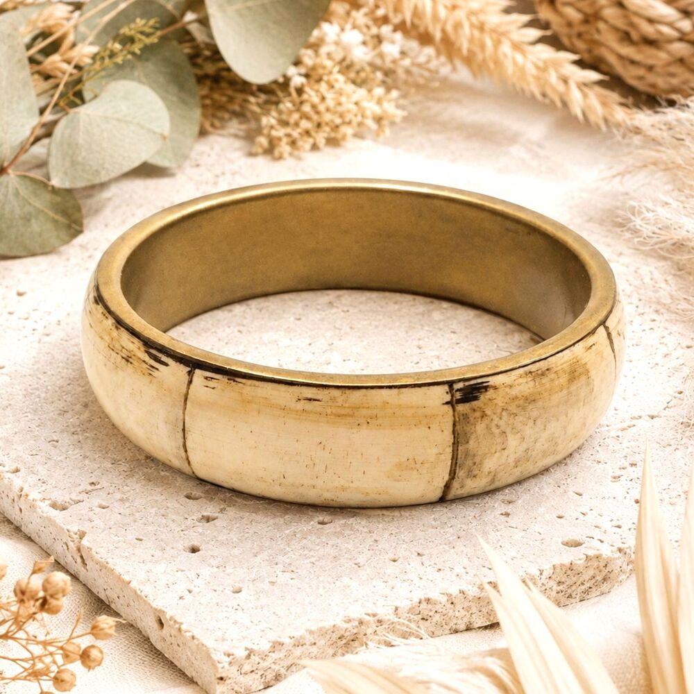Vintage Brass Inlay Cream Organic Material Bangle Bracelet Boho